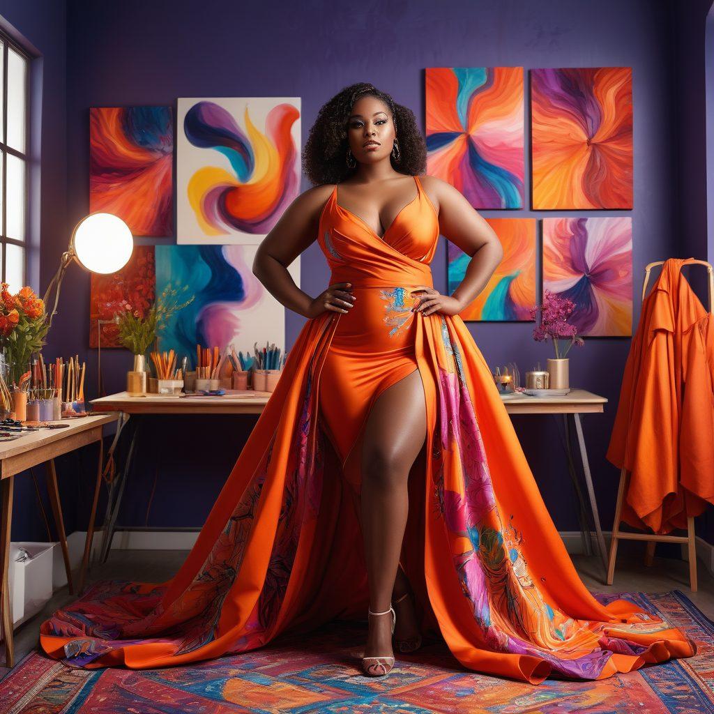 A dynamic scene showcasing a curvy model posing confidently in a stylish studio, surrounded by vibrant fabrics and art supplies. The model should be in elegant, flowing attire that accentuates her curves, radiating empowerment and grace. Include soft, creative lighting to enhance the artistic vibe, with abstract art on the walls reflecting diversity and beauty in body shapes. The atmosphere should evoke inspiration and creativity, perfect for a behind-the-scenes glimpse. super-realistic. vibrant colors. 3D.