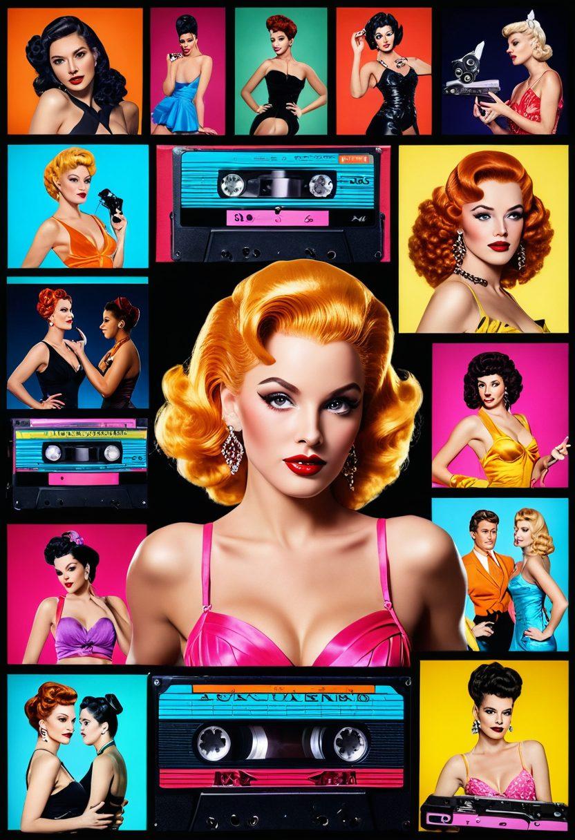 A vibrant collage showcasing the evolution of adult entertainment, featuring iconic talents from different eras. Illustrate fashion and technology shifts, with digital screens and retro VHS tapes. Include diverse characters representing various trends, from vintage burlesque to modern influencers, all in a playful yet sophisticated atmosphere. Bright neon colors highlight the dynamic change in the industry. digital illustration. vibrant colors. cinematic lighting.